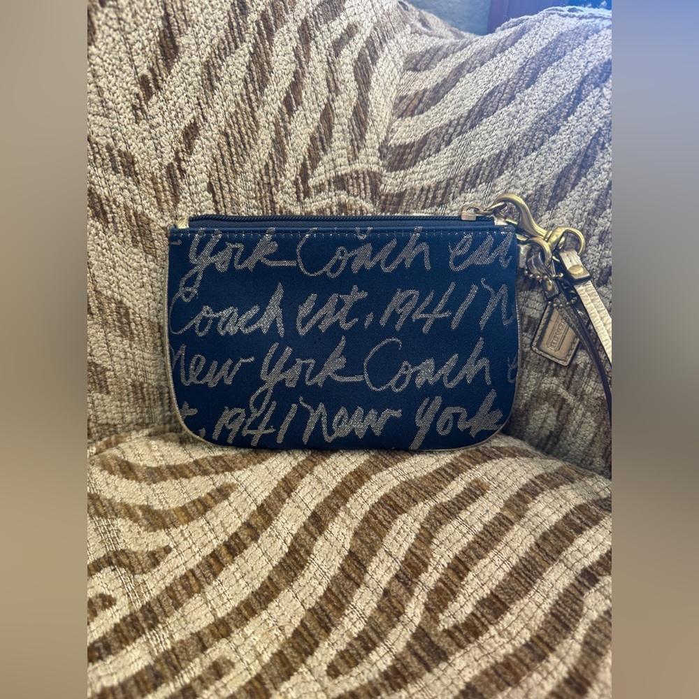Coach New York Script Navy Wristlet with Gold Heart Trim & Leather Accents - Picture 3 of 3